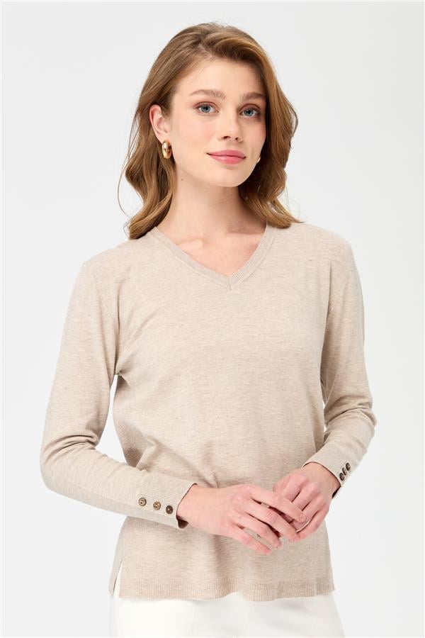 Женская блестящая блузка с рукавами на пуговицах Бежевый