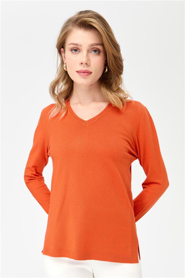 Женская блестящая блузка с рукавами на пуговицах апельсин