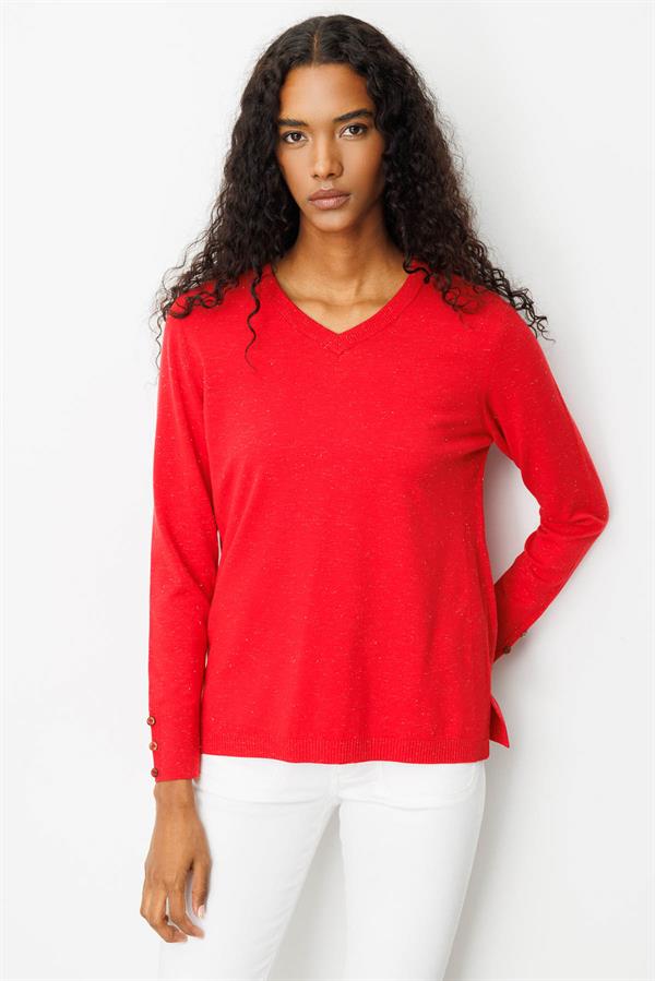 Kadın V Yaka Kolları Düğmeli Simli Bluz A.Kırmızı