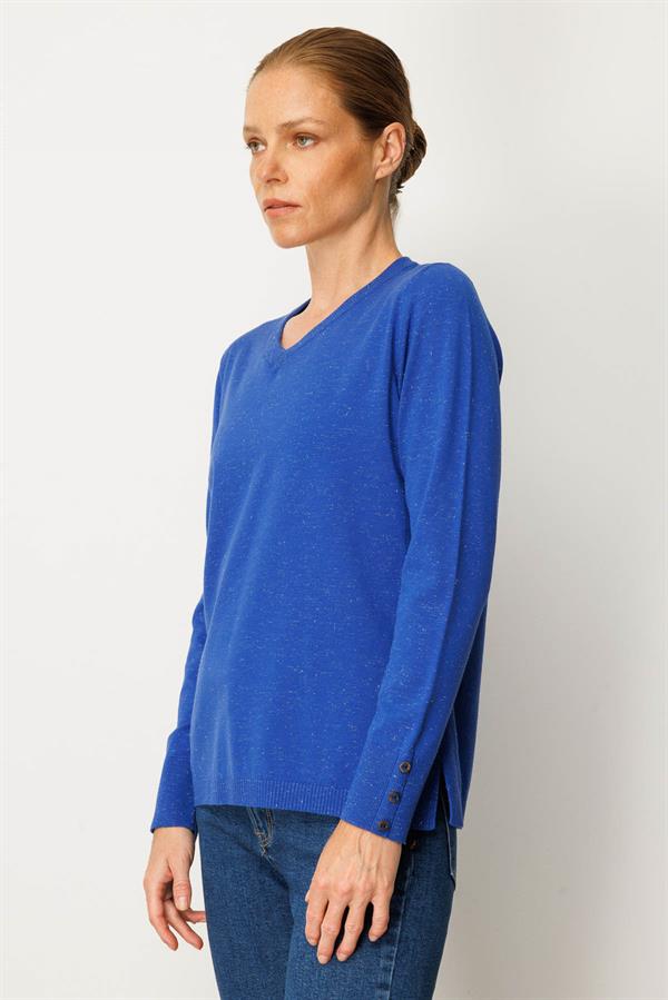 Kadın V Yaka Kolları Düğmeli Simli Bluz S.Mavi