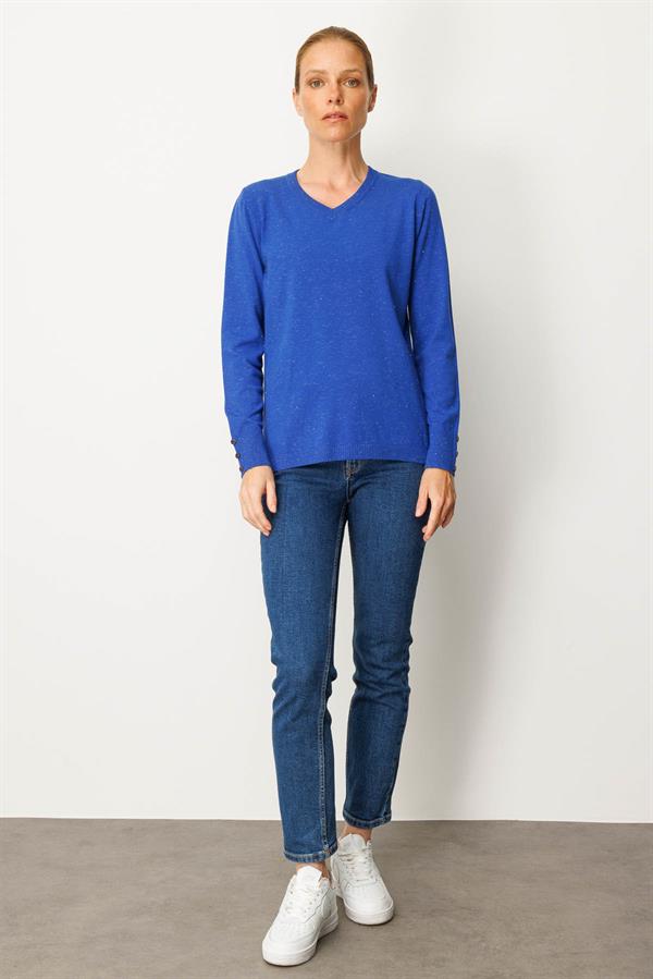 Kadın V Yaka Kolları Düğmeli Simli Bluz S.Mavi