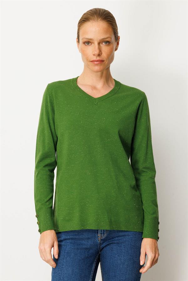 Kadın V Yaka Kolları Düğmeli Simli Bluz K.Yosun