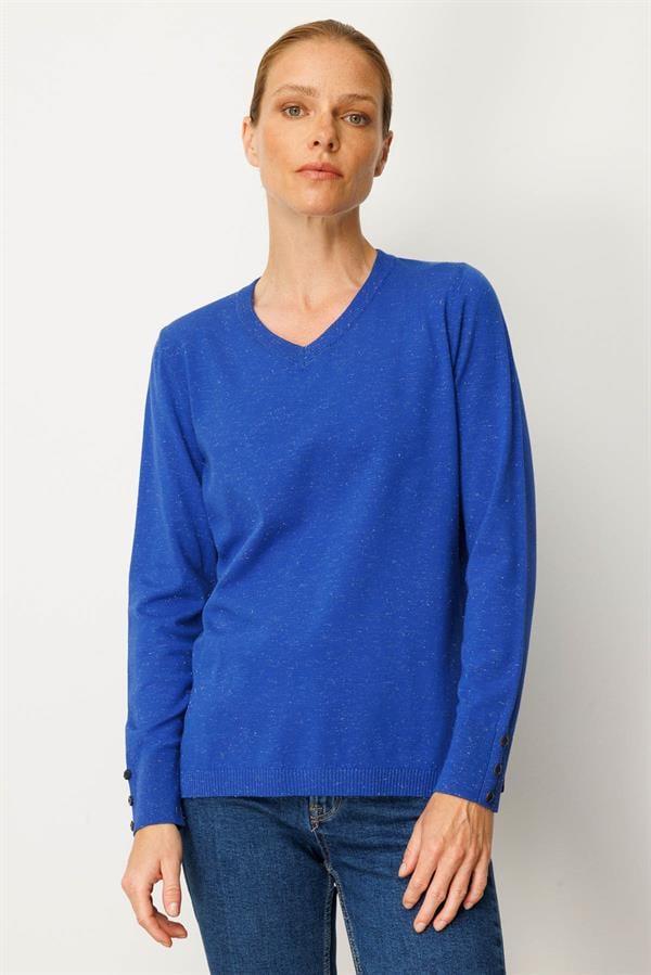 Kadın V Yaka Kolları Düğmeli Simli Bluz S.Mavi