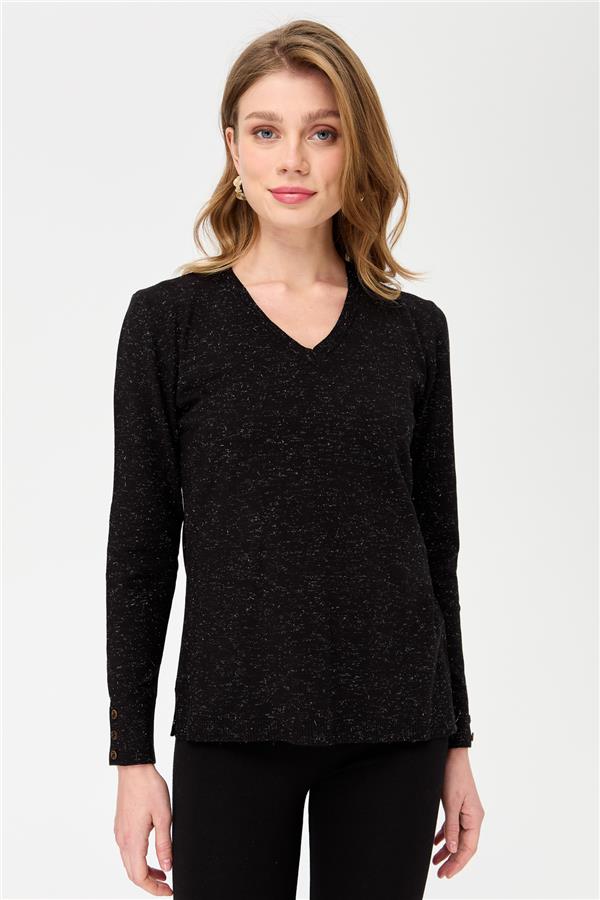 Женская блестящая блузка с рукавами на пуговицах черный