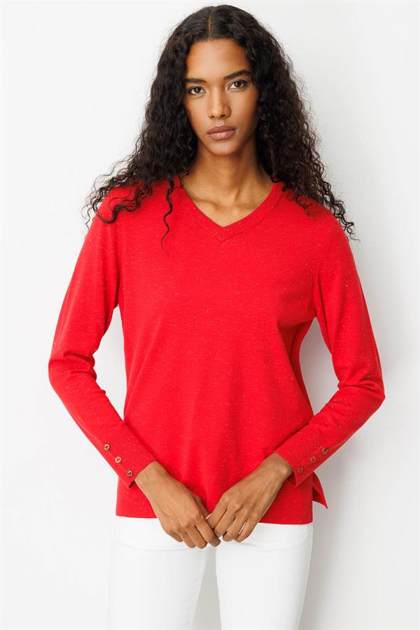 Kadın V Yaka Kolları Düğmeli Simli Bluz A.Kırmızı