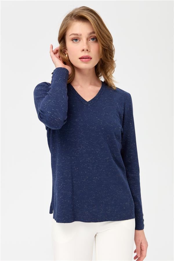 Женская блестящая блузка с рукавами на пуговицах темно-синий