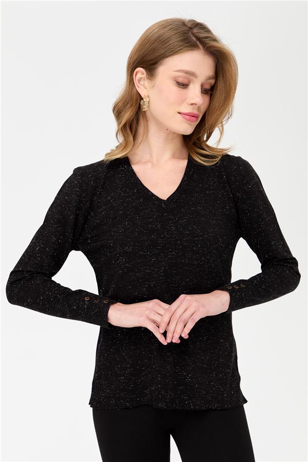Женская блестящая блузка с рукавами на пуговицах черный