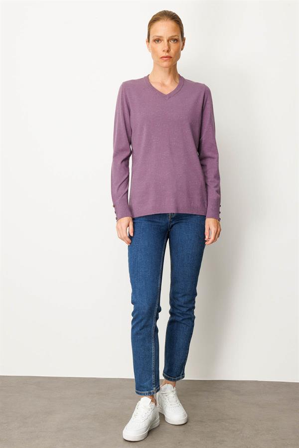 Kadın V Yaka Kolları Düğmeli Simli Bluz Mor