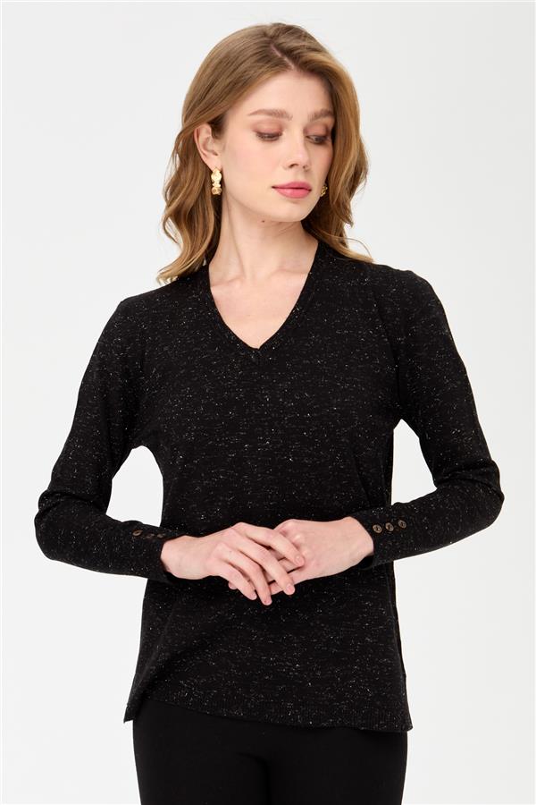 Женская блестящая блузка с рукавами на пуговицах черный