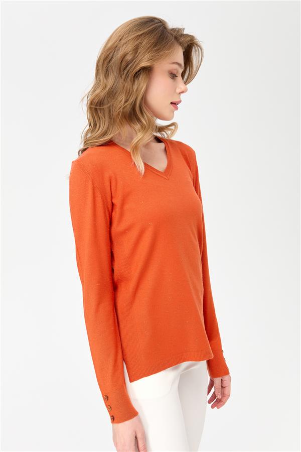 Женская блестящая блузка с рукавами на пуговицах апельсин