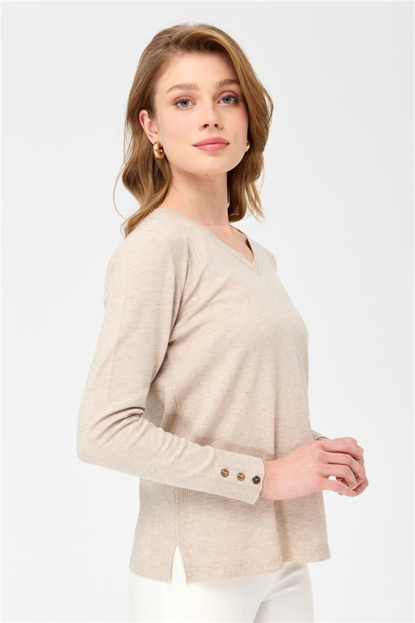 Женская блестящая блузка с рукавами на пуговицах Бежевый