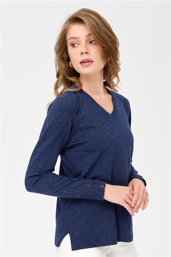 Женская блестящая блузка с рукавами на пуговицах темно-синий