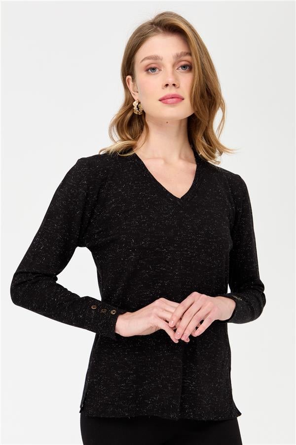 Женская блестящая блузка с рукавами на пуговицах черный