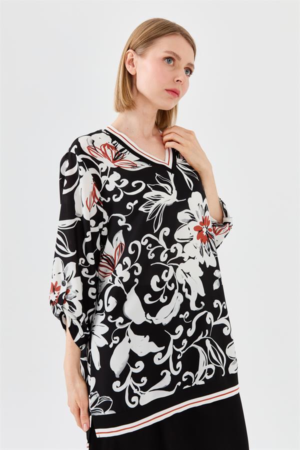 Kadın V Yaka Kolu ve Yakası Triko Ribanalı Bluz Siyah