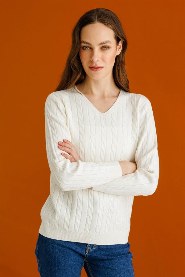 Kadın V Yaka Komple Saç Örgülü Kazak Kemik