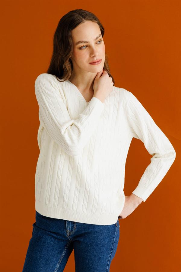 Kadın V Yaka Komple Saç Örgülü Kazak Kemik