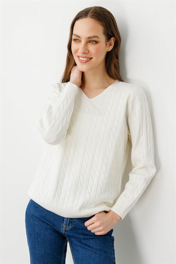 Kadın V Yaka Komple Saç Örgülü Kazak Kemik