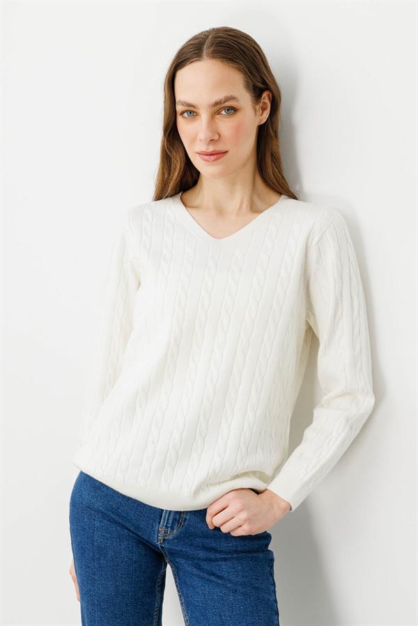 Kadın V Yaka Komple Saç Örgülü Kazak Kemik