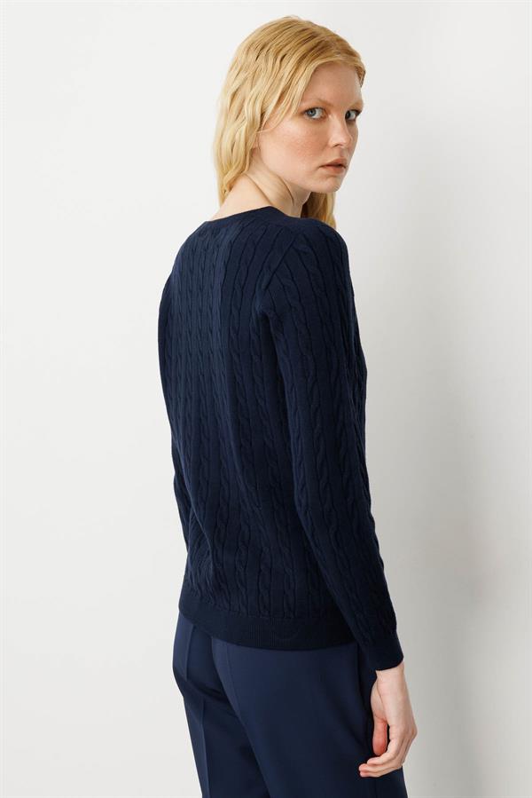 Kadın V Yaka Komple Saç Örgülü Kazak K.Lacivert