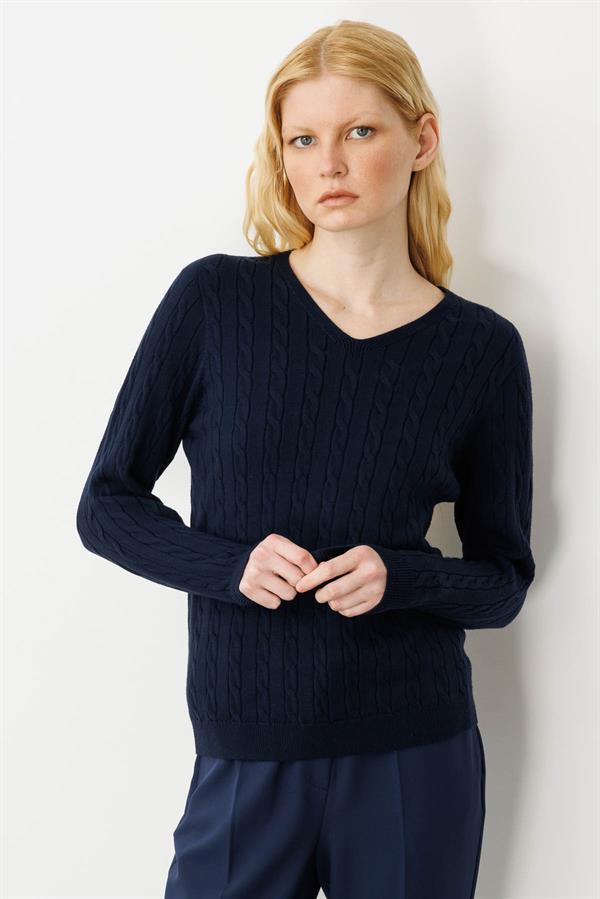 Kadın V Yaka Komple Saç Örgülü Kazak K.Lacivert