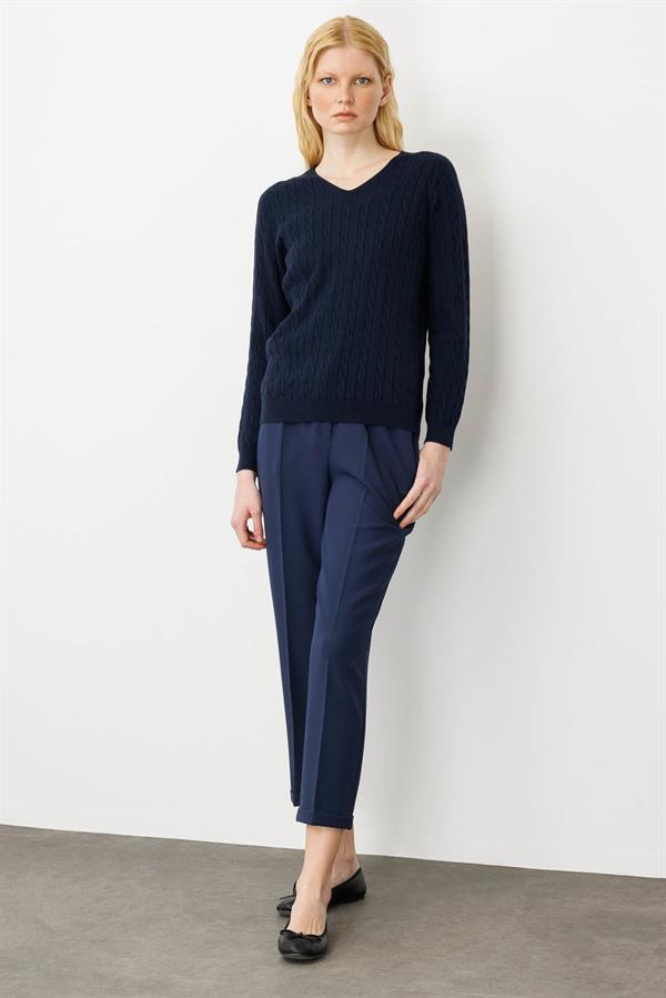 Kadın V Yaka Komple Saç Örgülü Kazak K.Lacivert