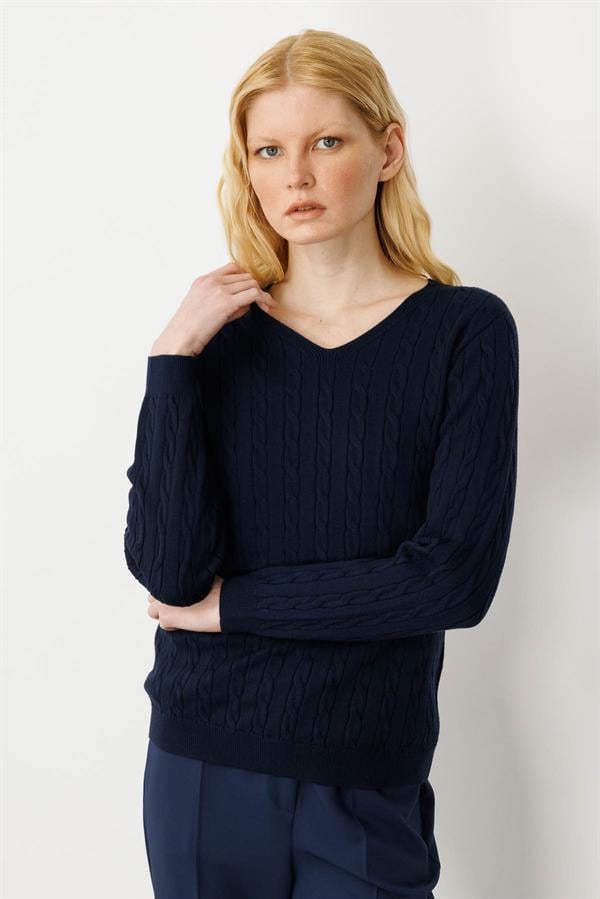 Kadın V Yaka Komple Saç Örgülü Kazak K.Lacivert