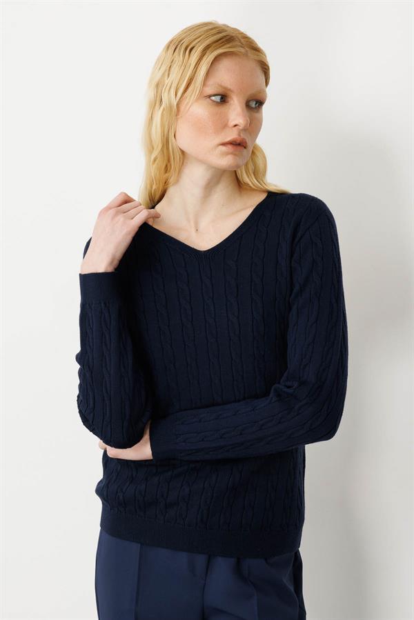 Kadın V Yaka Komple Saç Örgülü Kazak K.Lacivert