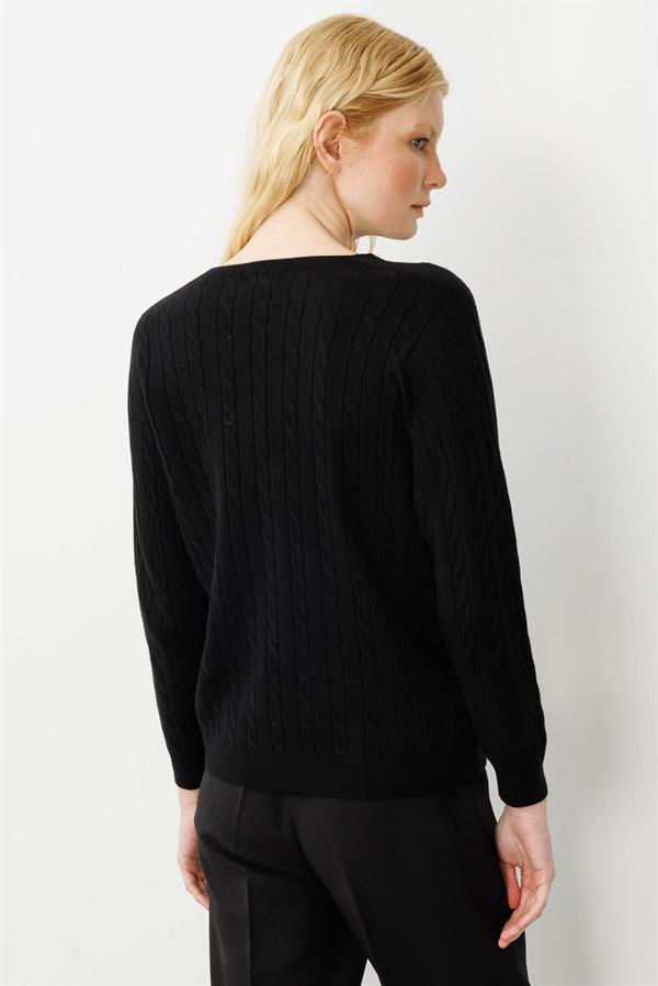 Kadın V Yaka Komple Saç Örgülü Kazak Siyah