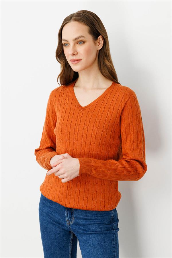 Kadın V Yaka Komple Saç Örgülü Kazak Turuncu