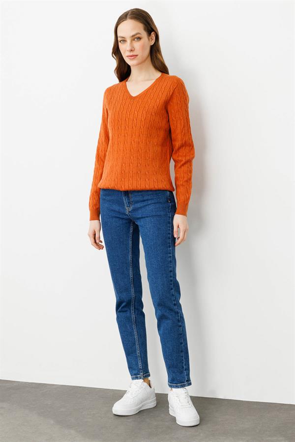 Kadın V Yaka Komple Saç Örgülü Kazak Turuncu