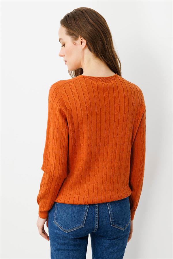 Kadın V Yaka Komple Saç Örgülü Kazak Turuncu