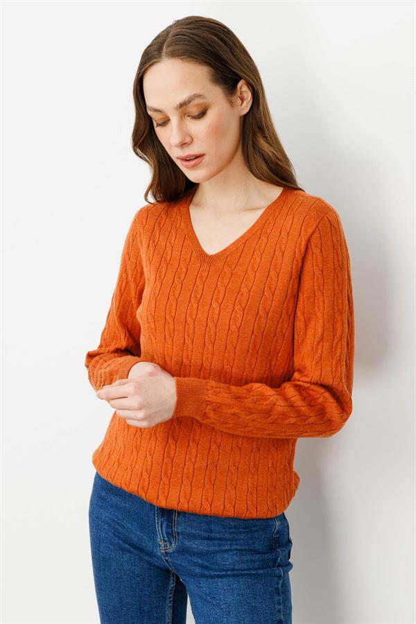 Kadın V Yaka Komple Saç Örgülü Kazak Turuncu