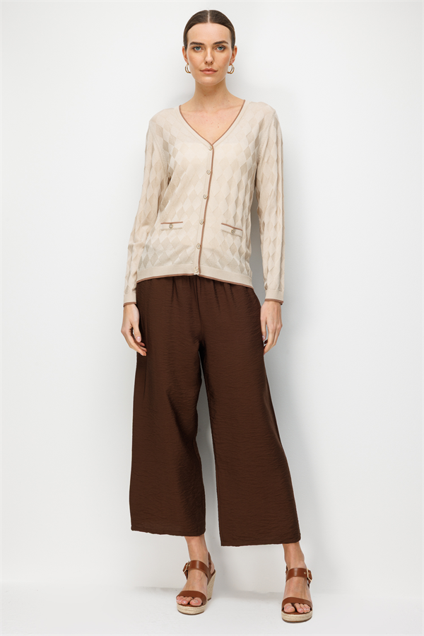 Kadın V Yaka Küçük Baklava Desenli İnce Triko Hırka Bej