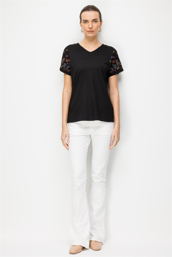 Kadın V Yaka Nakış İşlemeli Düşük Kollu Penye T-shirt Siyah