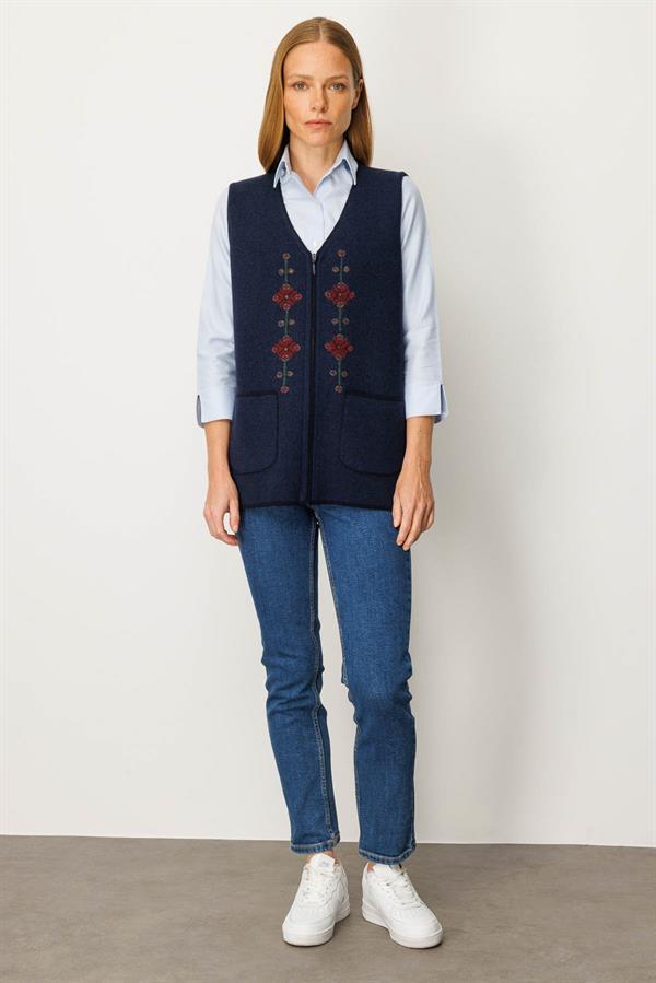 Kadın V Yaka Nakış İşlemeli Kısa Yün Yelek K.Lacivert