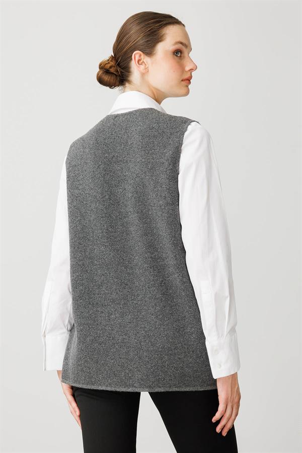 Kadın V Yaka Nakış İşlemeli Kısa Yün Yelek Füme