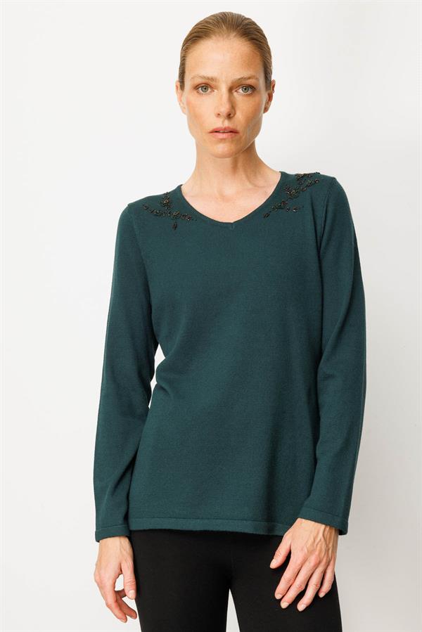 Kadın V Yaka Omuzları Boncuk İşlemeli Bluz Yeşil