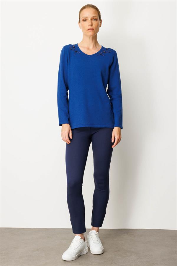 Kadın V Yaka Omuzları Boncuk İşlemeli Bluz K.Saks