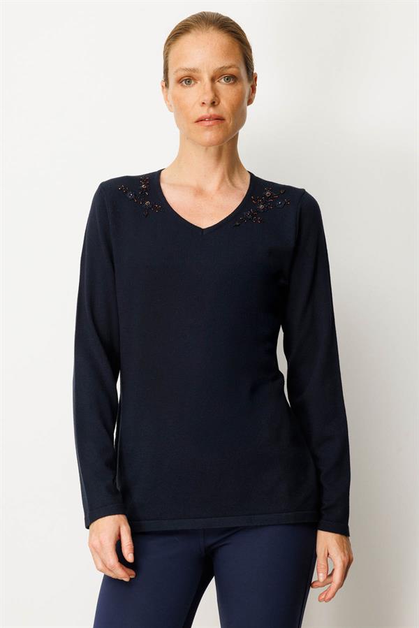Kadın V Yaka Omuzları Boncuk İşlemeli Bluz K.Lacivert