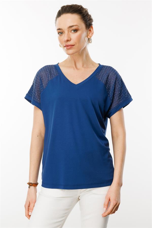 Kadın V Yaka Omuzları Taş Baskılı Penye T-shirt Lacivert