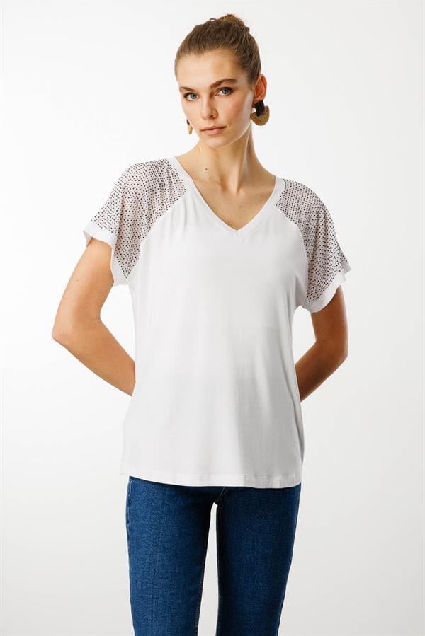Kadın V Yaka Omuzları Taş Baskılı Penye T-shirt Beyaz