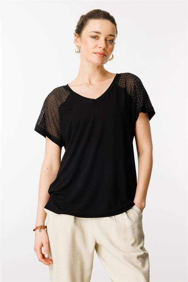 Kadın V Yaka Omuzları Taş Baskılı Penye T-shirt Siyah