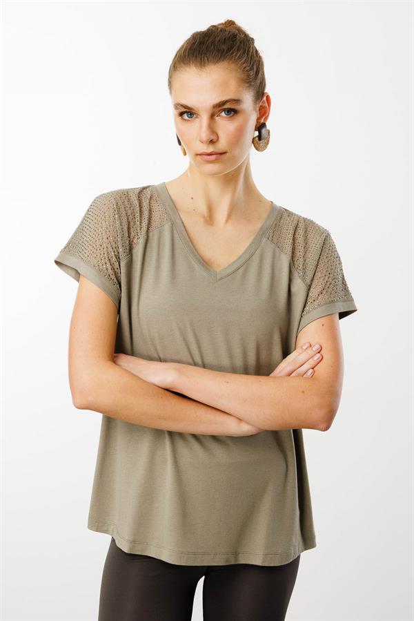Kadın V Yaka Omuzları Taş Baskılı Penye T-shirt Haki