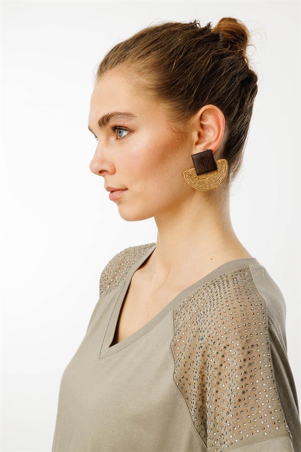 Kadın V Yaka Omuzları Taş Baskılı Penye T-shirt Haki