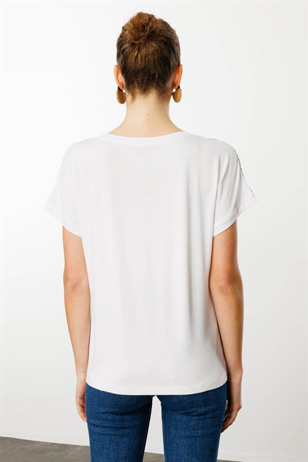 Kadın V Yaka Omuzları Taş Baskılı Penye T-shirt Beyaz