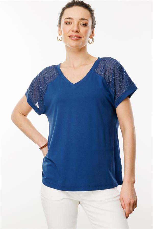 Kadın V Yaka Omuzları Taş Baskılı Penye T-shirt Lacivert