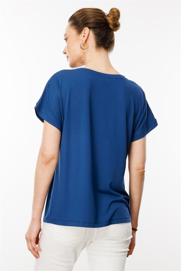 Kadın V Yaka Omuzları Taş Baskılı Penye T-shirt Lacivert