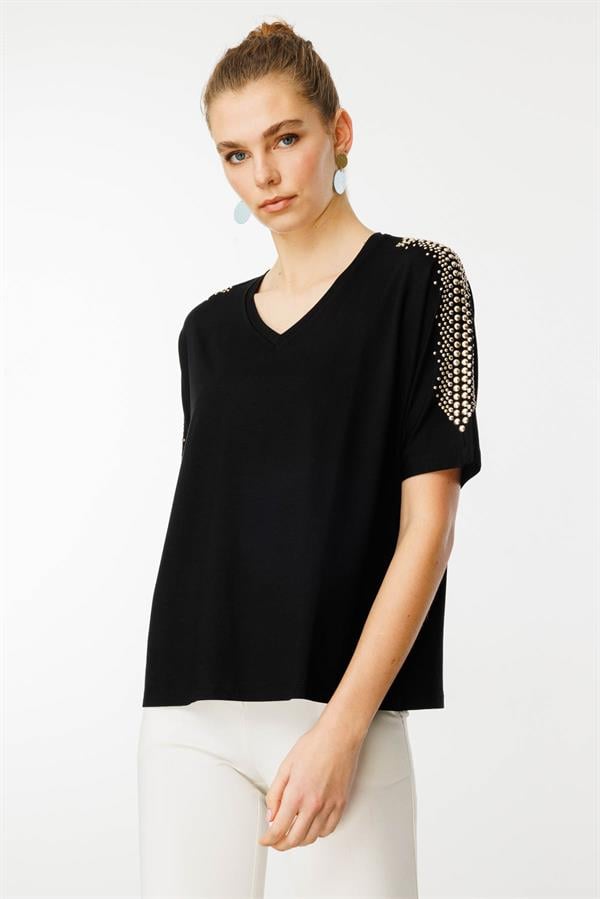 Kadın V Yaka Omuzları Taşlı Penye T-shirt Siyah
