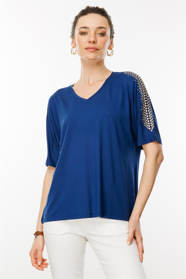 Kadın V Yaka Omuzları Taşlı Penye T-shirt İndigo