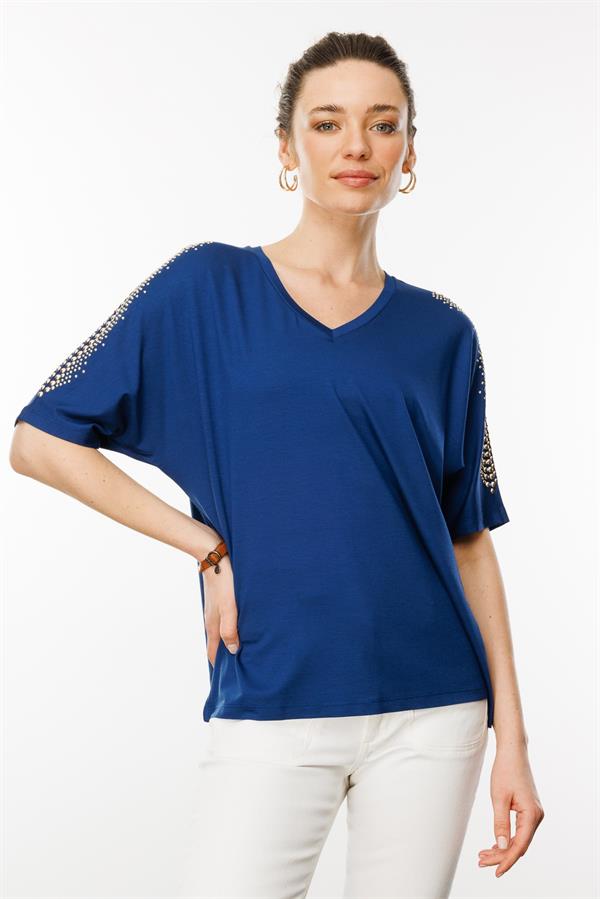 Kadın V Yaka Omuzları Taşlı Penye T-shirt İndigo